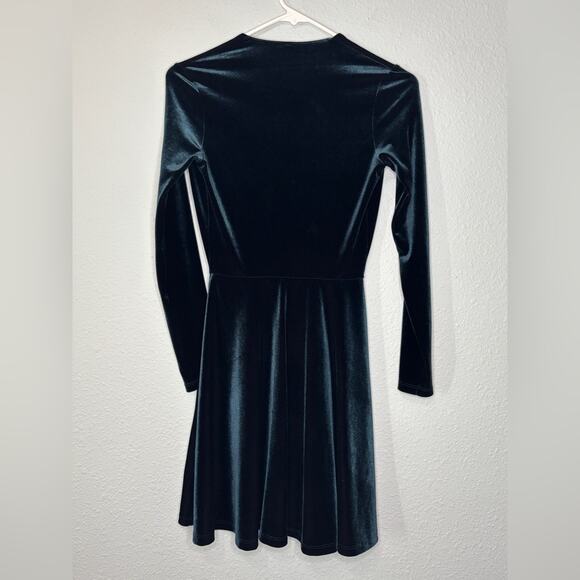 American Apparel Deep Teal Deep V Long Sleeve Stretch Velvet Skater Mini Dress S - Picture 4 of 4